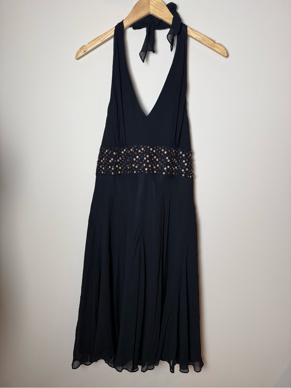 Vintage Y2k Jones New York Silk Dress Halter Beaded Empire Waist Black size 12